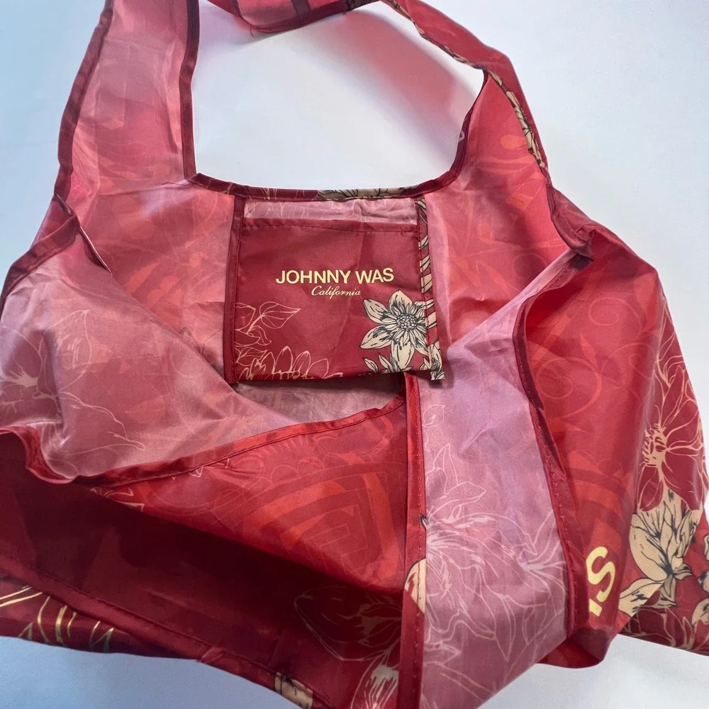 Johnny Was California Red Floral Foldable Reusable Shopping Tote Bag Gold Logo